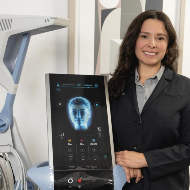 Dentist at Modern Family Dentistry in a suit standing next to advanced dental technologies