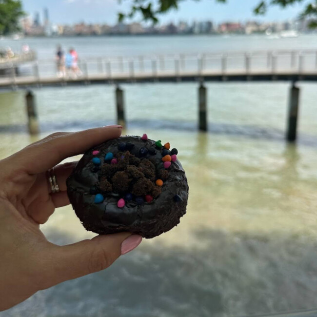 Hand holding a chocolate doughnut with sprinkles next to a river