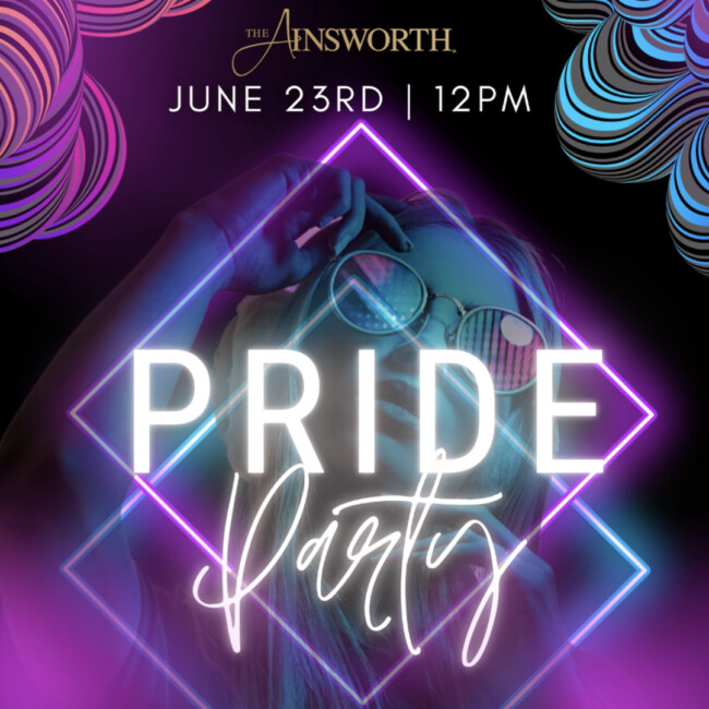 Purple and blue graphic for the Ainsworth Pride Party on June 23rd at 12pm